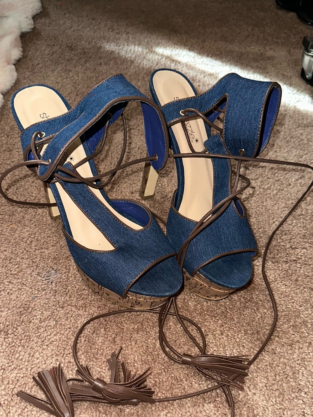 Denim Lace-Up Platform Sandals - Blue